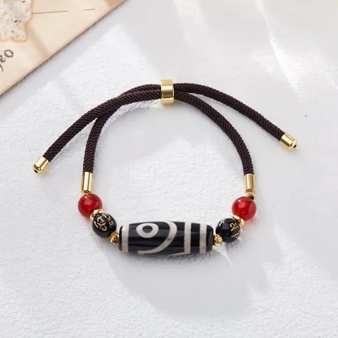 Tibetan Agate Nine Eyed Dzi Bead Bracelet Six Syllable Mantra Resin Braided Rope Gold Plated Copper Ethnic Jewelry Women