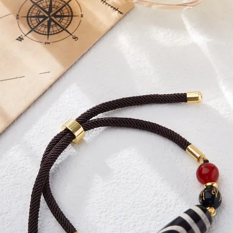 Tibetan Agate Nine Eyed Dzi Bead Bracelet Six Syllable Mantra Resin Braided Rope Gold Plated Copper Ethnic Jewelry Women
