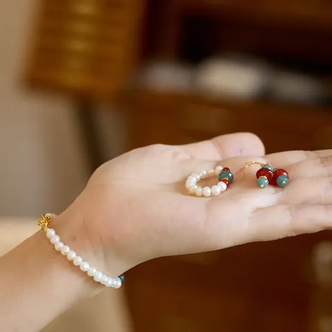 Chinese Style Handmade Natural Freshwater Pearl Blue Water Jadeite Ring For Women Vintage Red Agate Gold Plated Jewelry