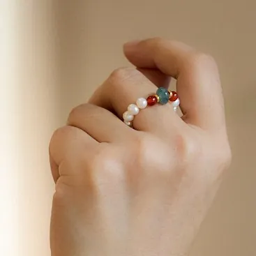 Chinese Style Handmade Natural Freshwater Pearl Blue Water Jadeite Ring For Women Vintage Red Agate Gold Plated Jewelry