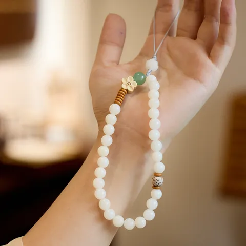 Handgefertigte Weiße Bodhisamen Handykette Grüner Aventurin Holz Blume Gurt Ethnisch Retro Zen Handy Schmuck Zubehör