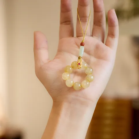 Natuurlijke Rutilated Kwarts Telefoonketting Sleutelhanger Met Olijf Jade Agaat Retro Chinese Stijl S925 Sterling Zilver