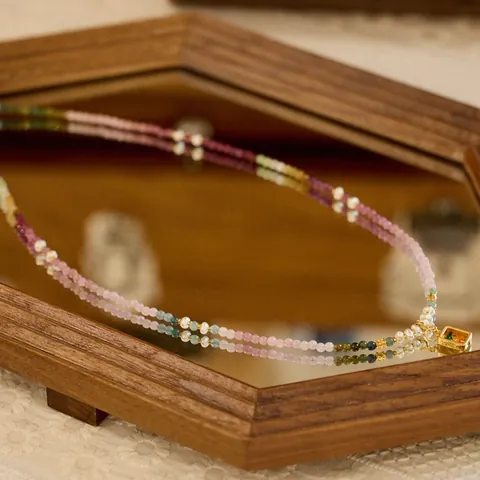 Collar de Perlas de Agua Dulce y Turmalina Arcoíris Natural Con Colgante Thangka de Plata de Ley 925 Joyería Étnica