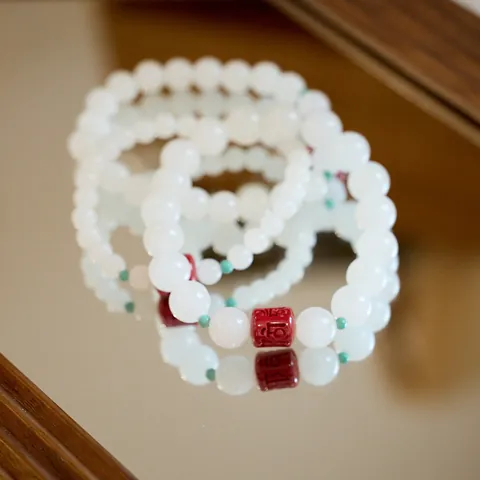 Hetian White Jade Beaded Bracelet With Cinnabar Six-Character Mantra And Turquoise Spacers Retro Chinese Style Hand Jewelry Women