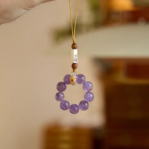 Natural Amethyst Phone Charm Hand-Woven Chinese Style Auspicious Cloud Agate Wood Bead Anti-Drop Strap Bag Keychain Decoration