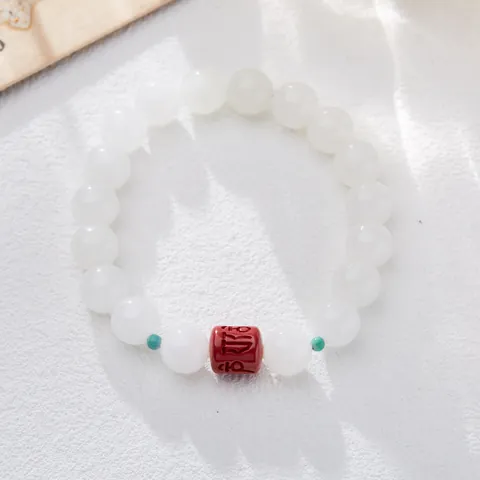 Hetian White Jade Beaded Bracelet With Cinnabar Six-Character Mantra And Turquoise Spacers Retro Chinese Style Hand Jewelry Women