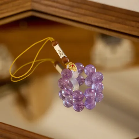Natural Amethyst Phone Charm Hand-Woven Chinese Style Auspicious Cloud Agate Wood Bead Anti-Drop Strap Bag Keychain Decoration