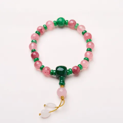 Traditional Chinese Qing Dynasty Style Beaded Bracelet For Women Handmade Rose Quartz Green Jade Stone Ethnic Jewelry Gift
