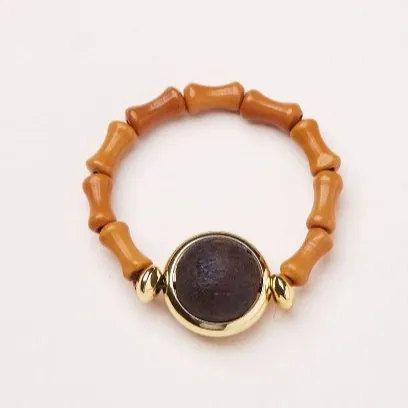 New Chinese Natural Jiangzhen Incense Wood Olive Pit Bamboo Joint Ring Gold Plated Geometric Vintage Zen Jewelry For Women