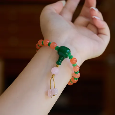 Traditional Chinese Qing Dynasty Style Beaded Bracelet For Women Handmade Rose Quartz Green Jade Stone Ethnic Jewelry Gift