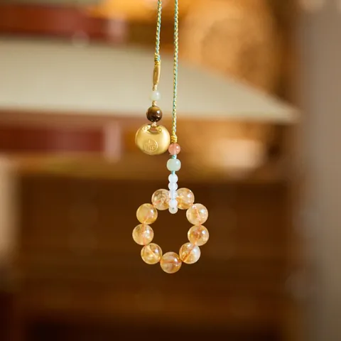 Traditional Citrine Yellow Crystal Lucky Lock Lion Charm Handwoven Cord Car Hanging Bag Pendant Gold Plated Copper Gift