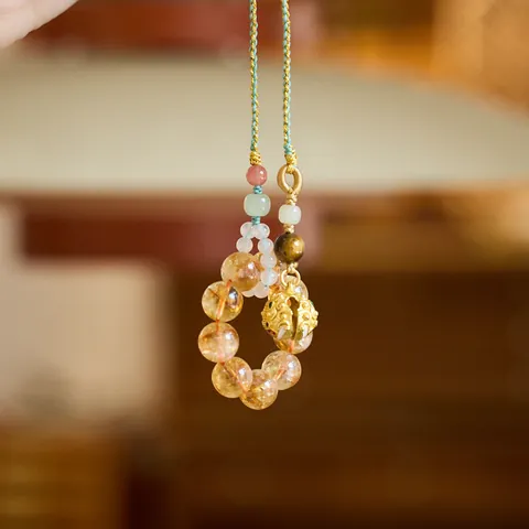 Chinese Style Yellow Quartz Crystal Keychain Pendant Brass Lion Dance Tiger Head Hetian Jade Tiger Eye Stone Traditional Fortune Blessing Bag Hanging Ornament