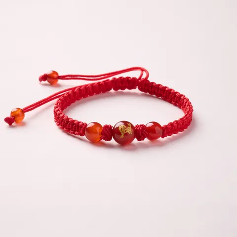 Handmade Red Rope Bracelet Natural Red Agate Chinese Zodiac Gold Pattern Adjustable Hand Braided Cord Jewelry For Luck