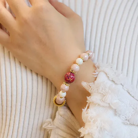 Vintage Chinoiserie Neunschwänziger Fuchs Räucherasche Keramik Armband Mit Goldfolien-Glas Lackperlen Pi Xiu Gebetsarmband Schmuck Für Damen