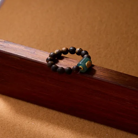 Vintage Agarwood Bead Ring With 925 Sterling Silver Blue Water Jadeite Ethnic Zen Style Handmade Jewelry For Women Gift