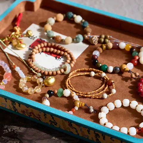 Vintage Chinese Style Beaded Bracelet Mixed Materials Natural Stone Wood Bodhi Seed Multi-color Hand-made Prayer Bracelet Jewelry Gift
