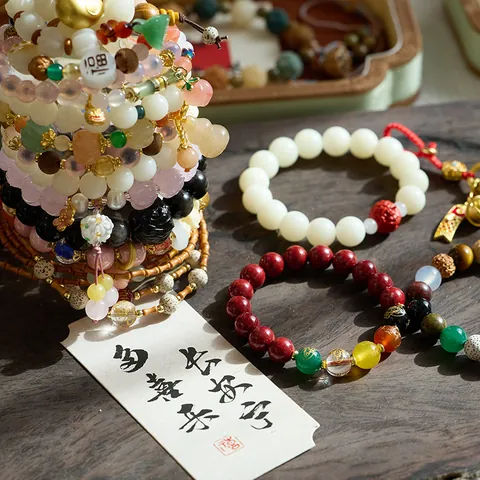 Vintage Chinese Style Beaded Bracelet Mixed Materials Natural Stone Wood Bodhi Seed Multi-color Hand-made Prayer Bracelet Jewelry Gift