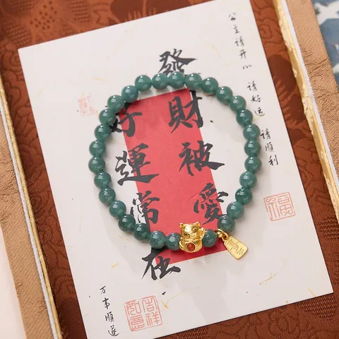 Pulsera de Jadeíta Natural Blue Water 6mm Con Plata de Ley 925 Chapada en Oro Gato de la Suerte Pulsera de Amuleto Joyería Mujer Regalo