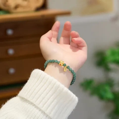 Pulsera de Jadeíta Natural Blue Water 6mm Con Plata de Ley 925 Chapada en Oro Gato de la Suerte Pulsera de Amuleto Joyería Mujer Regalo
