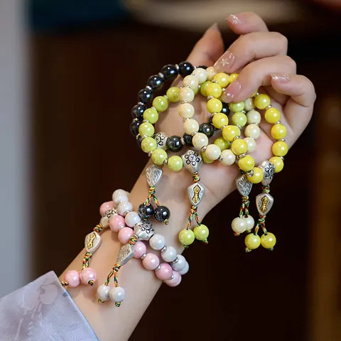 Vintage Chinese Style Ceramic Beaded Bracelet Alloy Vajra Bell Pendant Colorful Braided Rope Traditional Buddhist Zen Jewelry Unisex Bracelet