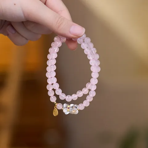 Bracelet En Perles D'Améthyste Naturelle Quartz Rose Cristal De Roche Pour Femme Cuivre Plaqué Or Pendentif Ours Nœud