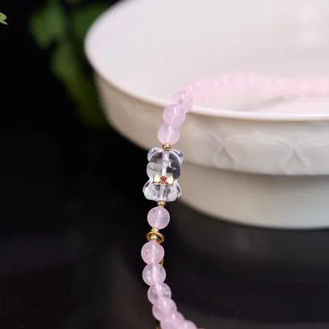 Bracelet En Perles D'Améthyste Naturelle Quartz Rose Cristal De Roche Pour Femme Cuivre Plaqué Or Pendentif Ours Nœud