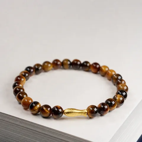 Natural Tiger Eye Stone Beaded Bracelet With Gold Plated Copper Fish Charm For Women Retro Lucky Koi Beaded Jewelry