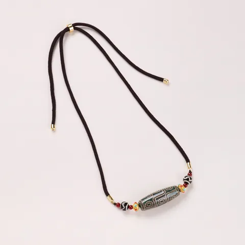 Collar Vintage Tibetano de Ágata con Cuenta Dzi de Nueve Ojos para Hombre Mujer Cuerda Tejida Ajustable Joyería Étnica