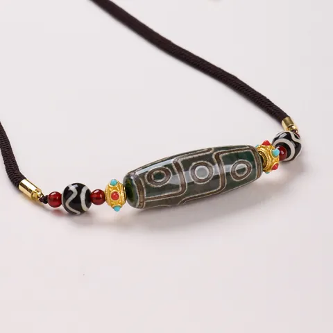 Collar Vintage Tibetano de Ágata con Cuenta Dzi de Nueve Ojos para Hombre Mujer Cuerda Tejida Ajustable Joyería Étnica