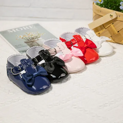 Baby Girl Mary Jane Princess Shoes Glossy Patent Artificial Leather Decorative Bow T-Strap Scalloped Edge Soft Sole Non-Slip Pre-Walker Shoes