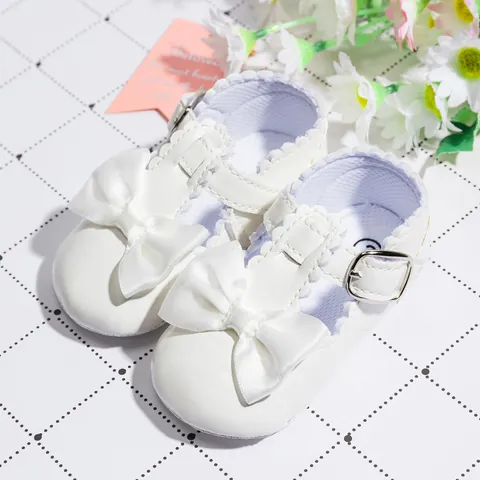 Baby Girl Mary Jane Princess Shoes Glossy Patent Artificial Leather Decorative Bow T-Strap Scalloped Edge Soft Sole Non-Slip Pre-Walker Shoes