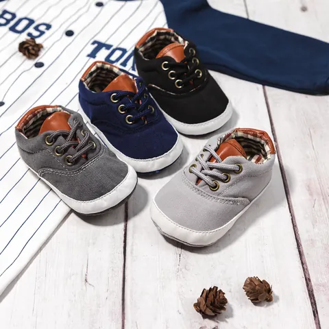 Baby Canvas Prewalker Shoes Soft Anti-slip Sole Infat Sneakers With Plaid Lining For 0-18 Months Infants Boys Girls
