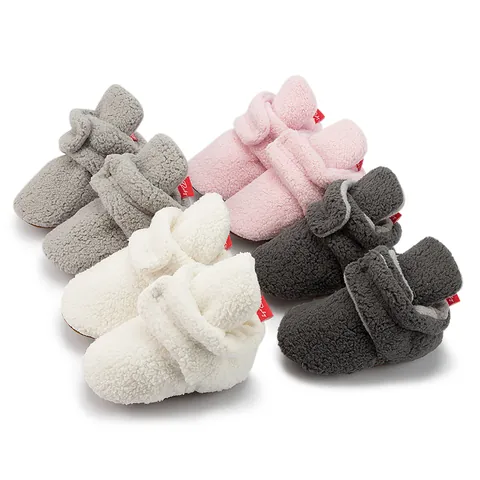 Baby Soft Sole Pre-walker Shoes Sherpa Fleece Winter Warm Infant Booties With Hook And Loop For Newborn Boys Girls
