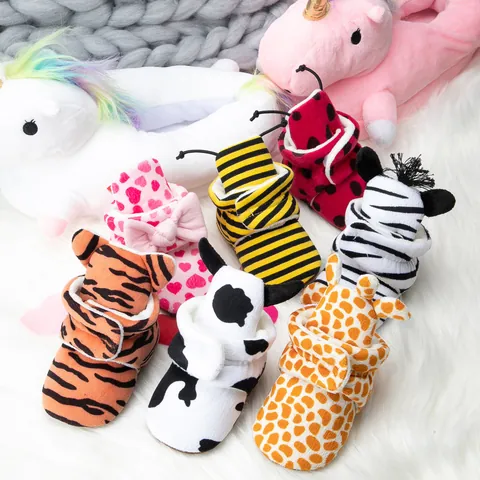 Winter Baby Warm Walking Shoes Cute Animal Patterns Soft Sole Pre-walker Boots For Toddler Infants Boys Girls Cotton Plush Booties