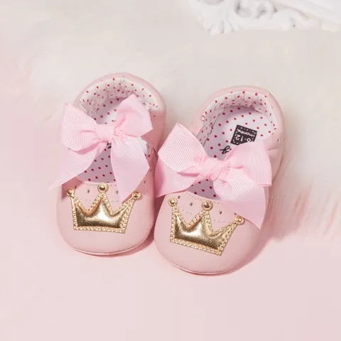 Baby Meisjes Roze Strik Prinsessen Schoenen Zachte Zool Baby Eerste Loopschoentjes Met Gouden Kroon Decoratie En Polka Dot Voering