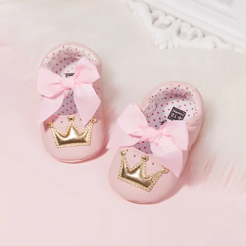 Baby Girls Pink Bow Princess Shoes Soft Sole Infant First Walkers With Gold Crown Decoration And Polka Dot Lining Toddler Shoes