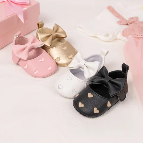 Baby Girls Mary Jane Walker Shoes Synthetic Leather Bow Heart Soft Anti-Slip Sole Princess Infant First Walkers Party Shoes
