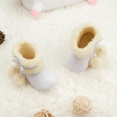 Baby Girls Winter Snow Boots Warm Fleece Lined Faux Suede Soft Sole Prewalker Shoes With Bowknot Pom-poms Heart Pattern