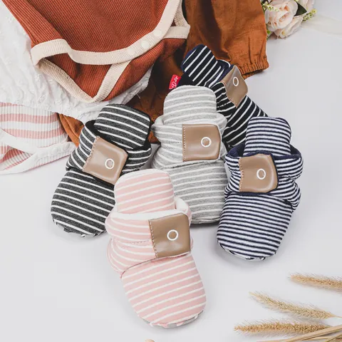 Baby Soft Sole First Walkers Striped Warm Fleece Lined Infant Socks Shoes For Boys Girls Casual Indoor Anti-Slip Footwear