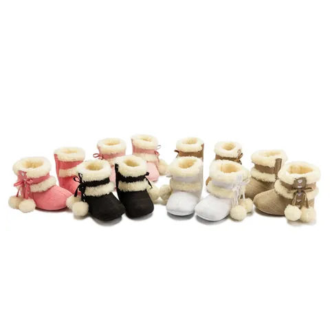 Baby Girls Winter Snow Boots Warm Fleece Lined Faux Suede Soft Sole Prewalker Shoes With Bowknot Pom-poms Heart Pattern