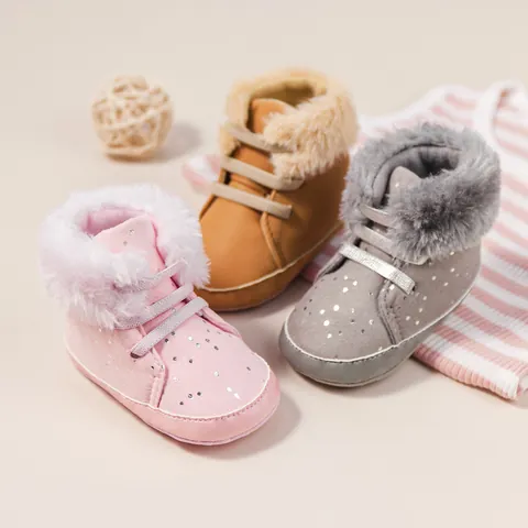 Baby Infant Winter Warm Walking Shoes Faux Fur Trim Soft Sole Anti-Slip Boots Glitter Star Pattern For Newborn Toddler