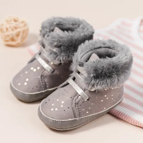 Baby Infant Winter Warm Walking Shoes Faux Fur Trim Soft Sole Anti-Slip Boots Glitter Star Pattern For Newborn Toddler