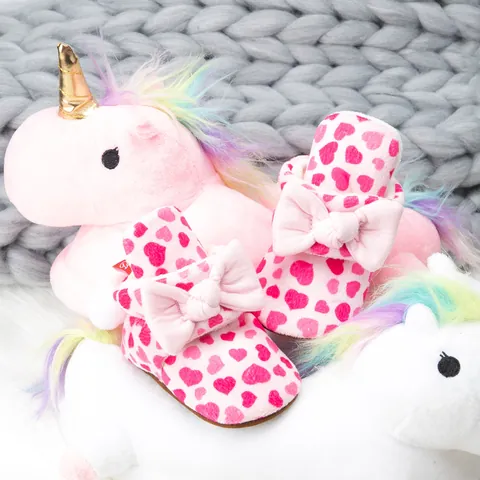 Baby Mädchen Lauflernschuhe Weiche Rutschfeste Sohle Herzmuster Schleife Dekoration Plüsch Kleinkind Indoor Schuhe
