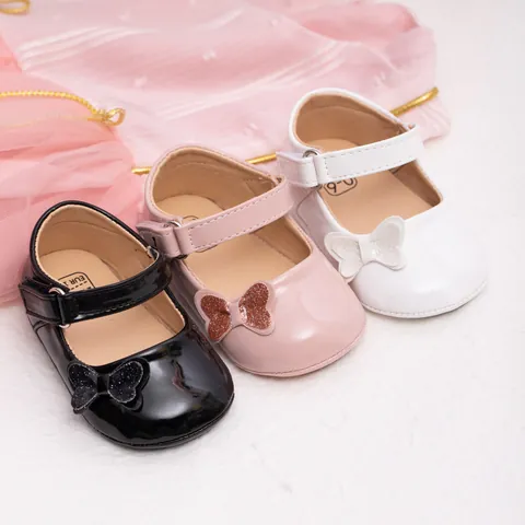 Baby Girls Bow Mary Jane Shoes Glitter Princess Patent Leather Prewalker First Walkers Infant Non Slip Sole Party Flats