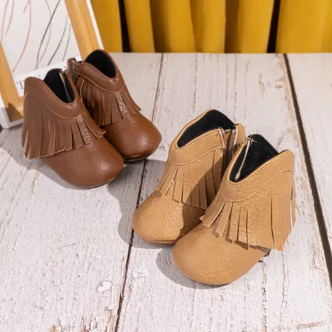 Bottes pour Bébé à Franges Style Cowboy Cuir Synthétique Premiers Pas Bohème Fermeture Éclair Latérale Semelle Souple Bottes Chaudes
