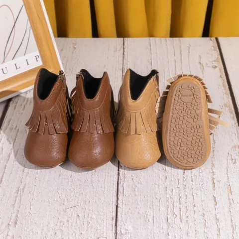 Bottes pour Bébé à Franges Style Cowboy Cuir Synthétique Premiers Pas Bohème Fermeture Éclair Latérale Semelle Souple Bottes Chaudes