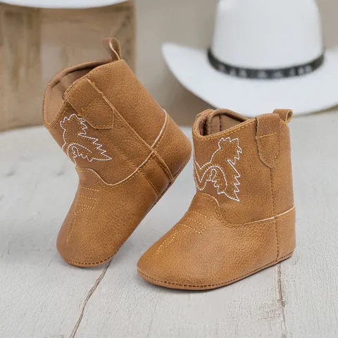 Bottes de Cowboy Western pour Bébé Semelle Souple Chaussures de Marche Avec Broderie Marron Cuir Artificiel Bottines