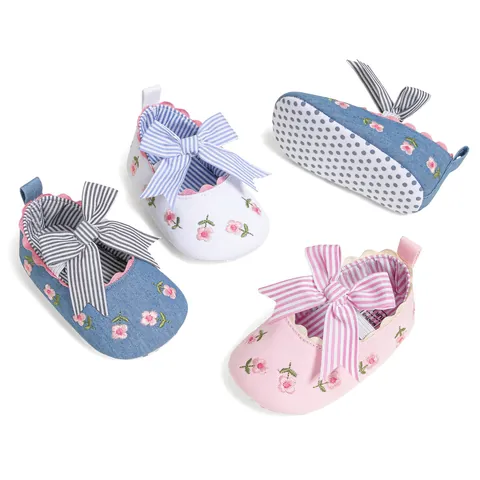 Baby Girls Princess Shoes Floral Embroidery Soft Sole Toddler First Walker Shoes With Bowknot Breathable Infant Flats
