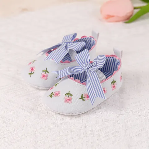 Baby Girls Princess Shoes Floral Embroidery Soft Sole Toddler First Walker Shoes With Bowknot Breathable Infant Flats