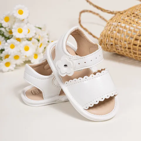 Baby Girl Summer Sandals Scalloped Edge Flower Decor Artificial PU Leather Soft Sole First Walker Toddler Infant Sandals
